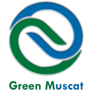 Green Muscat logo featuring interlocking blue and green curved ribbons forming a circle with text below